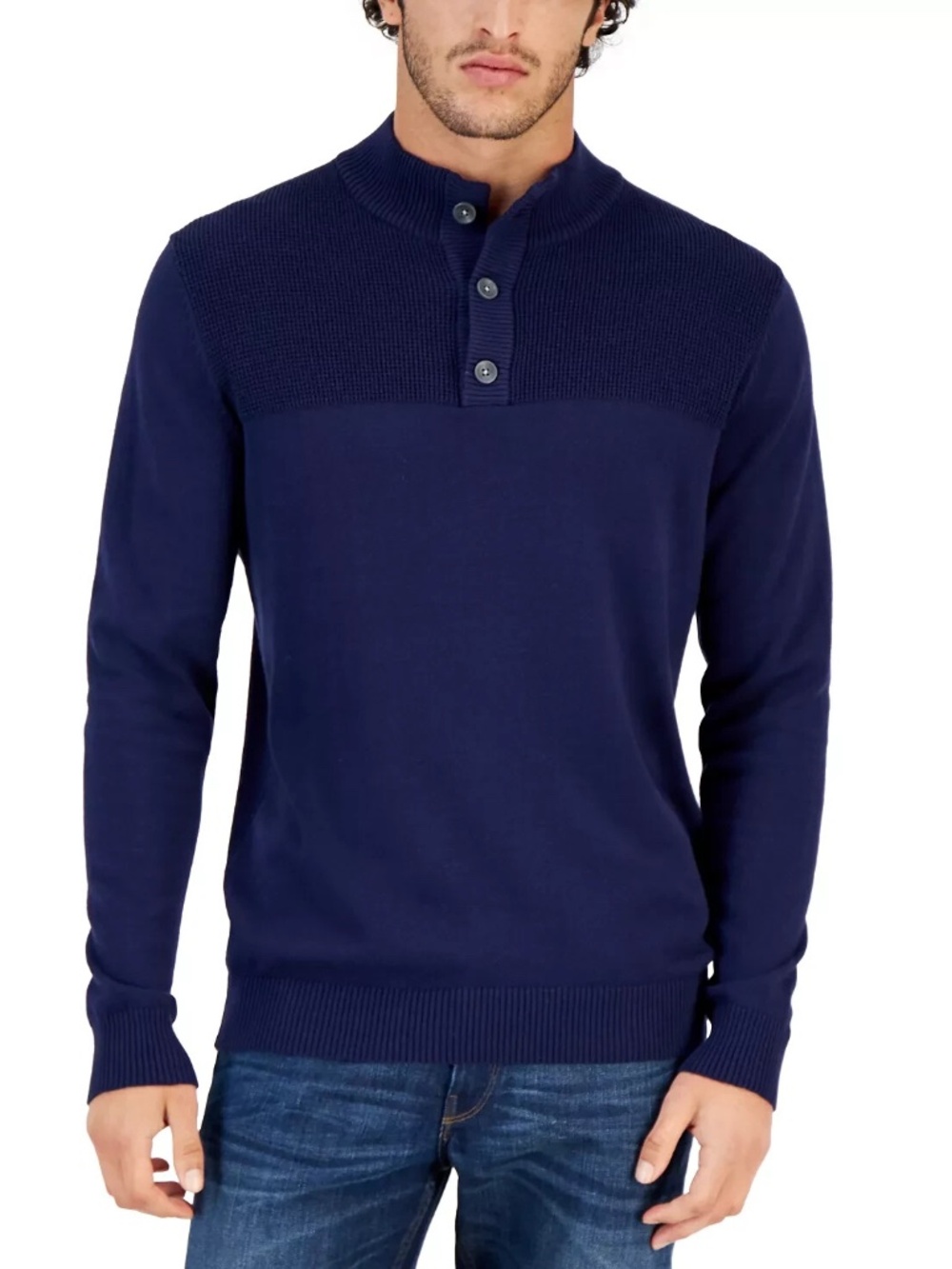 Club Room Men's Ribbed Four-Button Sweater Navy Blue Size S Cozy Fall Preppy